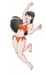 ジャンプしながら夏のビーチを満喫する若い女の子_オレンジビキニ