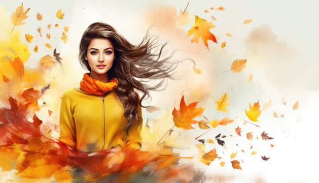 Fashion woman dressed in autumn colors in the forest at fall season. Generative AI illustrations