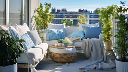 Outdoor Summer Terrace Or Balcony With Wicker Furniture In Vintage Style. Mediterranian Sea View.