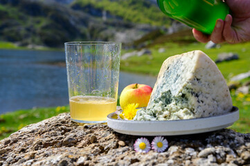 Glass of natural Asturian cider made from fermented apples, Asturian cabrales cow blue cheese with view on Covadonga lake and tops of Picos de Europa mountains, Spain