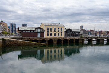 View on houses, jachts, boats in port of Gijon, Asturias, Spain