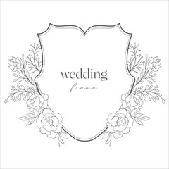 Wedding Crest with Flowers. Line Art Illustration. - 622299198