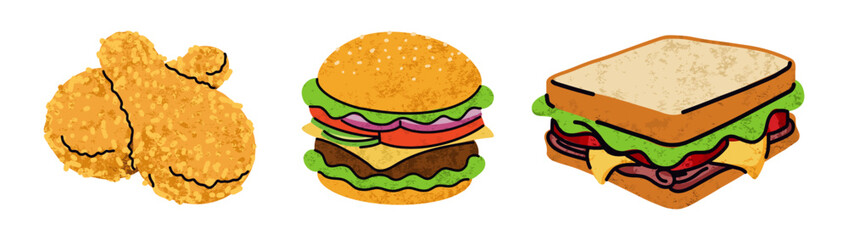 fast food, cartoon icons set, simple flat style, street high calorie food illustration.