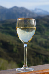 Glass of swiss or savoy dry white wine with Alpine mountains peaks on background in sunny day