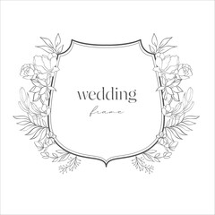 Wedding Crest with Flowers. Line Art Illustration.