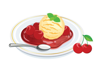 Cherries Jubilee dessert vector illustration. Flambeed dessert made with cherries and liqueur and vanilla ice cream vector. Cherry sauce and a scoop of vanilla ice cream on a plate drawing