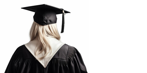 A female student in a study gown and a square academic cap, viewed from the back in close-up and on an isolated background. Generative AI