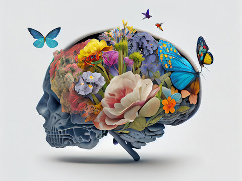 Conceptual image of a flowering human brain, on an isolated background. Generative AI