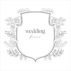 Wedding Crest with Flowers. Line Art Illustration.