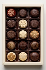 Chocolate boxes in colorful designs with many different kinds of dark chocolate Illustration AI Generative