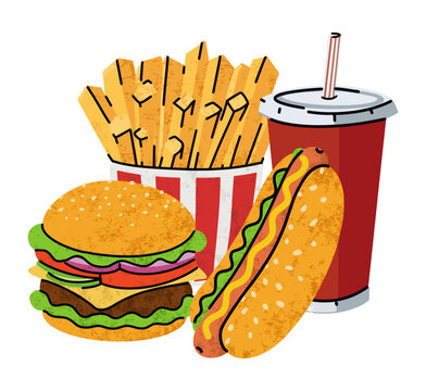 fast food, cartoon icons set, simple flat style, street high calorie food illustration.