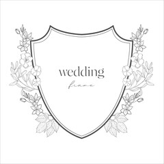 Wedding Crest with Flowers. Line Art Illustration. - 622300321