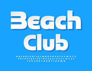 Vector bright template Beach Club. Modern White sticker Font. Artistic Alphabet Letters and Numbers set