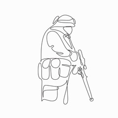 Vector Soldier with weapon one line illustration set.