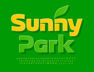 Fototapeta premium Vector creative emblem Sunny Park with decorative Leaf. Green unique Font. Sticker style Alphabet Letters and Numbers set