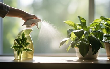 A spray bottle on top of a table next to potted plants. AI