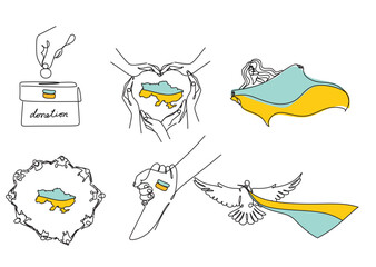 Ukraine map and flag outline one line art, hand drawn national blue-yellow sign of independence continuous contour. Minimalistic symbol of peace and freedom, art drawing.