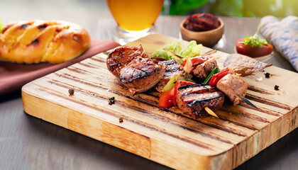 Close up Mouth Watering Gourmet Barbecue on Wooden Chopping Board at the Table.