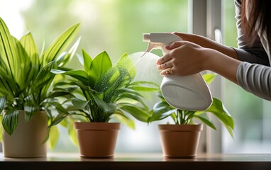 A spray bottle on top of a table next to potted plants. AI