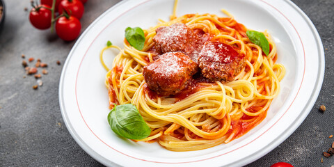 pasta meatball spaghetti tomato sauce grated parmesan cheese dish meal food snack on the table copy space food background rustic top view