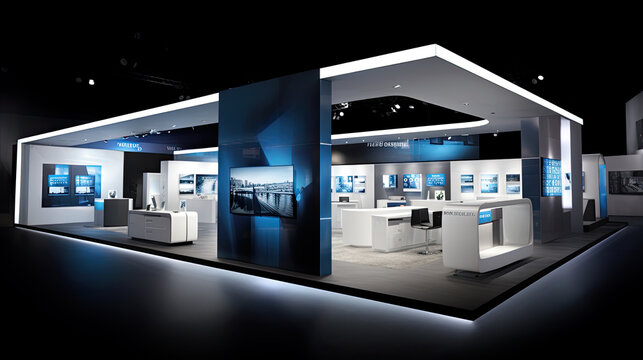 Commercial stand in an exhibition hall or a large professional salon ready to receive brands and advertisements