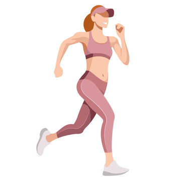 vector realistic image of a slim girl in a sports uniform (leggings and a sports bra) is engaged in fitness, sports, trains isolated on a white background. the woman is running. morning run. jogging.
