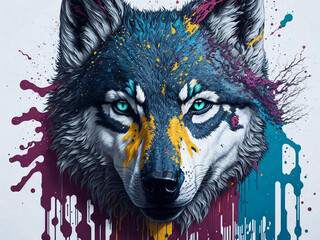 Splash art. a wolf head and white background. Generative AI 
