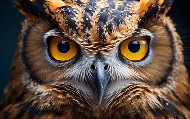 A close up of an owl with yellow eyes. AI
