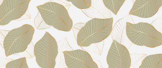 Leaf wallpaper, luxury botanical nature leaf design, vector background with golden lines. Hand drawn, suitable for fabric design, print, cover, banner and invitations.
