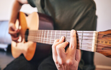 Fototapeta na wymiar Hands, person and guitar for music, talent and skills in home studio. Closeup, musician and singer playing acoustic instrument for audio performance, artist and learning notes for sound production