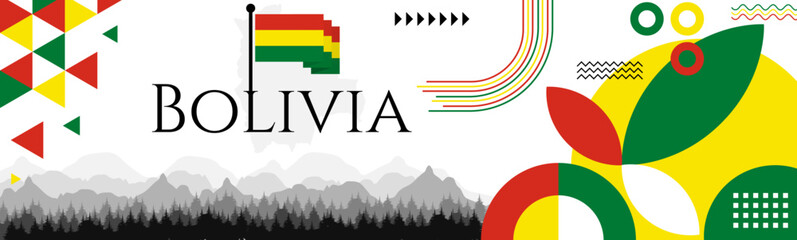 Bolivia Independence Day abstract banner design with flag and map. Flag color theme geometric pattern retro modern Illustration design. Red, yellow and Green flag color template. - Powered by Adobe