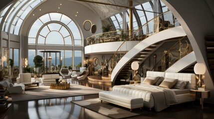 Obraz premium Master Bedroom Timeless Elegance in a Spacious Double-Height Space