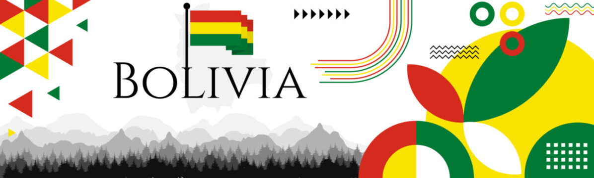 Bolivia Independence Day abstract banner design with flag and map. Flag color theme geometric pattern retro modern Illustration design. Red, yellow and Green flag color template.