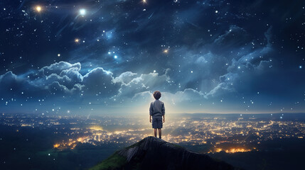 Fototapeta premium girl at cliff with starry sky over city lights boom as background,