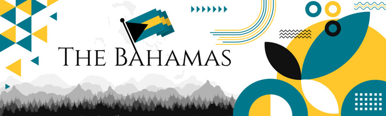 The Bahamas Independence Day abstract banner design with flag and map. Flag color theme geometric pattern retro modern Illustration design. Blue and Yellow flag color template. © Hadducc