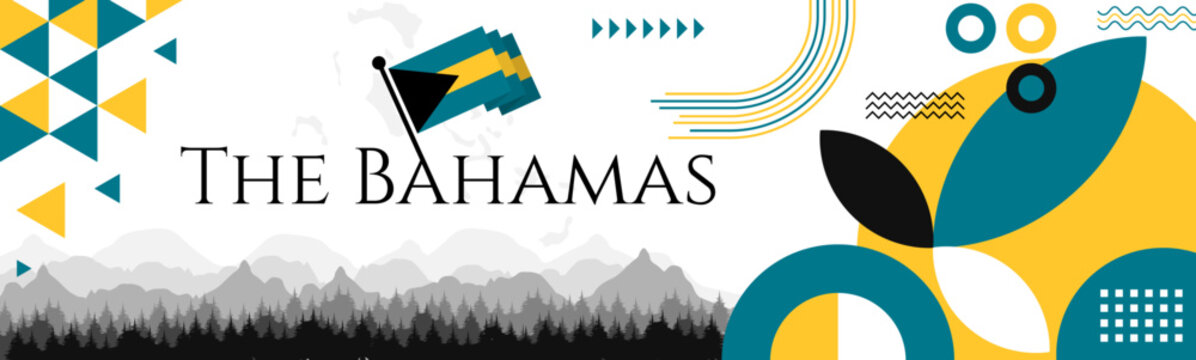 The Bahamas Independence Day abstract banner design with flag and map. Flag color theme geometric pattern retro modern Illustration design. Blue and Yellow flag color template.