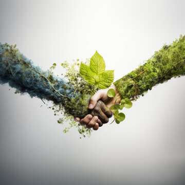 Conceptual image of human hand holding a green leaf, handshake, ecological deal, white background