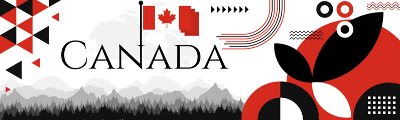 Canada Day abstract banner design with flag and map. Flag color theme geometric pattern retro modern Illustration design. Red color template. © Hadducc