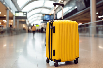 Bright suitcase in airport. Travel alone. AI generated