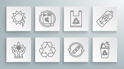 Set line Plant in hand of environmental protection, Bio fuel canister, Recycle symbol, Battery with recycle line, bin, Plastic bag, Stop ocean plastic pollution and Solar energy panel icon. Vector