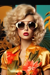 Fototapeta na wymiar Fashion portrait of beautiful young woman with curly hair and sunglasses. Retro style