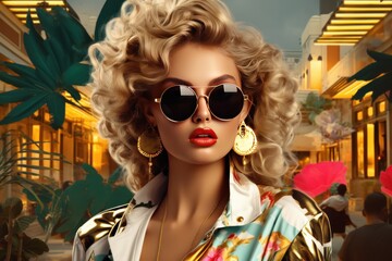 Fototapeta na wymiar Fashion shot of a beautiful blonde woman with curly hair and sunglasses. Retro style 