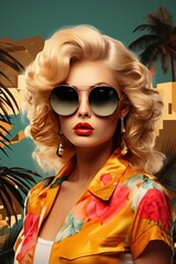 Fototapeta na wymiar Fashionable blonde woman in stylish sunglasses and colorful blouse. Summer style. Retro style 