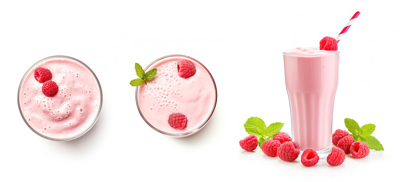 Set of raspberry milkshakes top view and side view isolated on white background