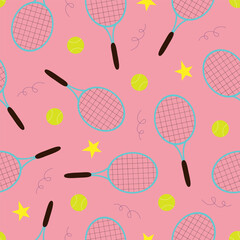 Vector seamless pattern with tennis rackets and balls in cartoon style. Vector tennis background