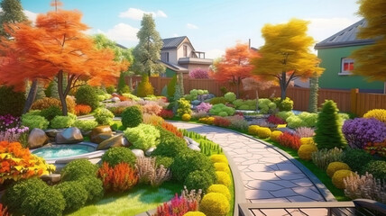 Landscaping panorama of home garden. Landscape design in backyard or yard of residential house. Generative Ai