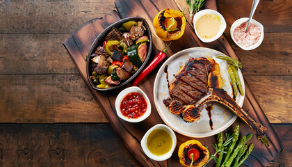Overhead view of colorful roast vegetables, savory sauces and salt served with grilled t-bone steak...