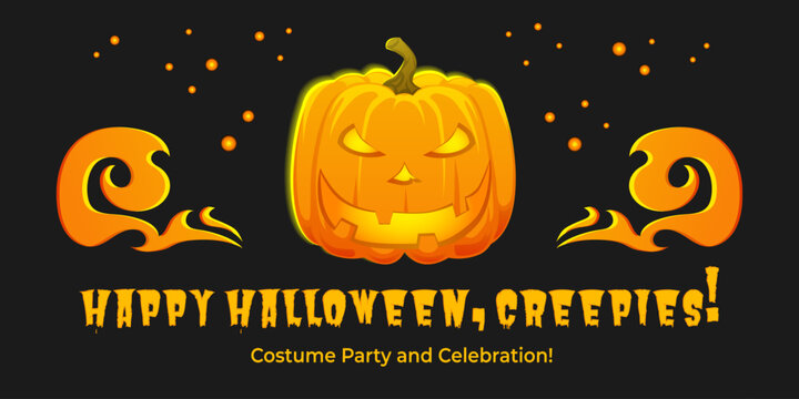 Halloween party banner with pumpkin lantern, vector celebration banner, greeting, invitation with Halloween holiday on a black background.