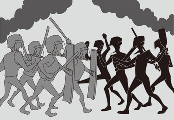 抗議デモ隊と衝突する武装した警官隊