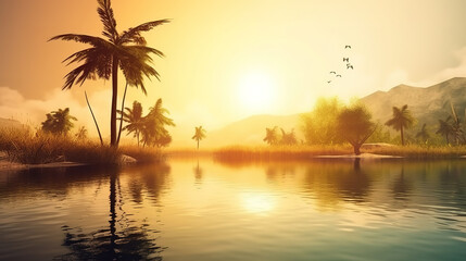 Fototapeta na wymiar Wonderful day in autumn at a silent lake, Copy space of tropical palm tree with sun. Generative Ai